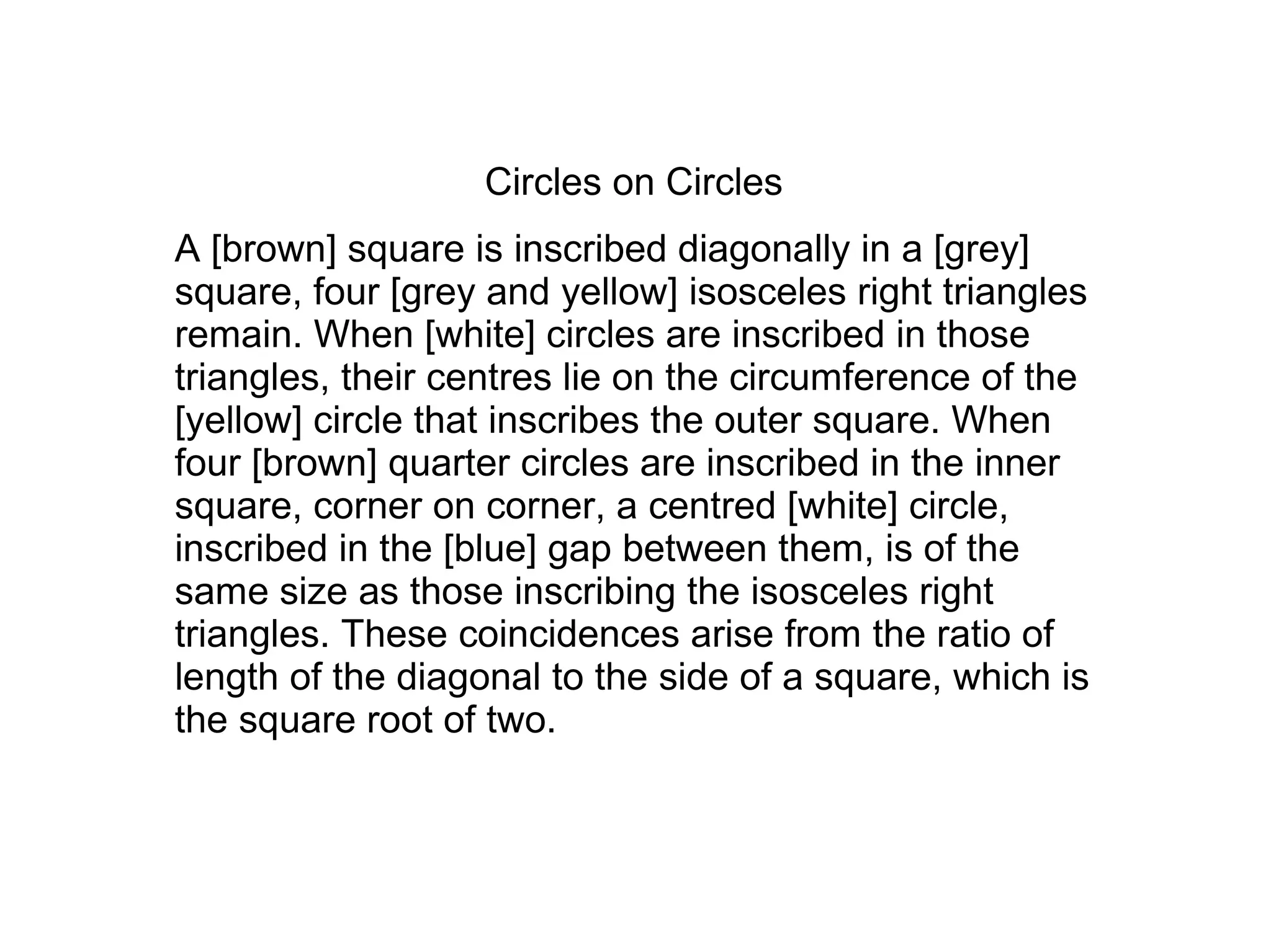 Circles on Circles
A [brown] square is inscribed diagonally in a [grey]
square, four [grey and yellow] isosceles right triangles
remain. When [white] circles are inscribed in those
triangles, their centres lie on the circumference of the
[yellow] circle that inscribes the outer square. When
four [brown] quarter circles are inscribed in the inner
square, corner on corner, a centred [white] circle,
inscribed in the [blue] gap between them, is of the
same size as those inscribing the isosceles right
triangles. These coincidences arise from the ratio of
length of the diagonal to the side of a square, which is
the square root of two.
 