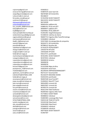 ruipromao@gmail.com              919630513
emanuel.formiga@hotmail.com      919897670   sever team btt
sergiodfigueiredo@gmail.com      966787684   GD Verdemilho
ruiloureiro@cm-sever.pt          963188237
fernandes.costa@sapo.pt          917610760   SEVER TEAM BTT
scottmen212@sapo.pt              964132255   SEVER TEAM BTT
elianaaveiro@hotmail.com         965744599
carlosribok@hotmail.com          960401654   po&lama btt
luis_carvalho_88@hotmail.com     918881431   Pó & Lama BTT
totysal@hotmail.com              969690477   po&lama BTT
lcsp86@gmail.com                 918599601   PÓ & LAMA BTT
mario.pinto@millenniumbcp.pt     913461991   VeigaFit/Autopneus
norbertohenriques80@gmail.com    913300154   rodinhas da ribeira
cagareusbiketeam@sapo.pt         966067714   Cagaréus Bike Team/Pernalonga
mariosoares@hotmail.com          919638043   individual
tiky89_10@hotmail.com            919573585   Pernalonga bikes & companhia
mariotx73@gmail.com              962634771   GD Verdemilho
josevilelo@sapo.pt               967980122   Bacalhau Btt
rodolfobarreira@gmail.com        917910179   PÓTRILHOSBTT
nbseguros@hotmail.com            234556778   BTTLOVE
raulgouveia@cm-sever.pt          234556206   BTTLOVE
helder@mail.reage.pt             934127571   potrilhosbtt
marlenehpereira81@gmail.com      967623991   SEVER TEAM BTT
ruiasgomes@gmail.com             967679355   individual
ruipaulobarreiros@gmail.com      960408230   biriattus
ruipaulobarreiros@gmail.com      960408230
ruipaulobarreiros@gmail.com      960408230
bronxx170@gmail.com              913532948   Migos da Bina
paulopereira_27@hotmail.com      916010470   SeverTeam
maildobtt@gmail.com              961394244   EMPENOSDOMINGOSBTT
apolinario_martins@live.com.pt   962721217   Severteambtt
CJACALISTO@HOTMAIL.COM           961426379   BIKEZONE AVEIRO
helder@mail.reage.pt             932032459   potrilhosbtt
zecampanario@hotmail.com         964047648   SeverTeamBTT
jorge.sousa@mail.telepac.pt      914040422   Maia BTT Team
joao.mario@corvauto.pt           960563003   corvauto btt
joao.veiga@corvauto.pt           966923587   corvauto btt
luis.pinho@corvauto.pt           967093779   corvauto btt
cesario.rocha@hotmail.com        965612704   Pabol Soalhauto
ruisantoscosta@gmail.com         962095582   Cagareus Bike Team
santosbtt@hotmail.com            917730813   GHOST RIDER
danijorgebrandao@gmail.com       965880816   Individual
samuelneves@msn.com              916892985   Lusavouga Bike Team
IVFAUTO@HOTMAIL.COM              918555138   TEAM IVF AUTO
turkish.mac@gmail.com            919101538   PdxosTeam!
xilia_alves@hotmail.com          919624289   PdxosTeam!
diolsa@hotmail.com               933646632   Individual
juveaguiar@hotmail.com           915008140   individual
severinox@sapo.pt                969770634   SEVER TAEM BTT
audi_trex@hotmail.com            913967307
 