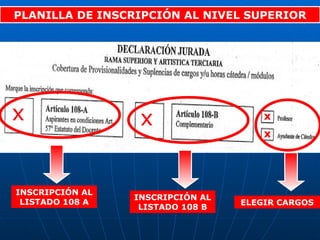 x PLANILLA DE INSCRIPCIÓN AL NIVEL SUPERIOR INSCRIPCIÓN AL LISTADO 108 A x INSCRIPCIÓN AL LISTADO 108 B x ELEGIR CARGOS x 