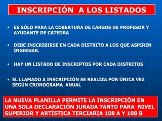 ES SÓLO PARA LA COBERTURA DE CARGOS DE PROFESOR Y AYUDANTE DE CÁTEDRA DEBE INSCRIBIRSE EN CADA DISTRITO A LOS QUE ASPIREN INGRESAR.  EL LLAMADO A INSCRIPCIÓN SE REALIZA POR ÚNICA VEZ SEGÚN CRONOGRAMA  ANUAL INSCRIPCIÓN  A LOS LISTADOS LA NUEVA PLANILLA PERMITE LA INSCRIPCIÒN EN UNA SOLA DECLARACIÓN JURADA TANTO PARA  NIVEL SUPERIOR Y ARTÍSTICA TERCIARIA 108 A Y 108 B  HAY UN LISTADO DE INSCRIPTOS POR CADA DISTRITOS 