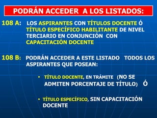 PODRÁN ACCEDER  A LOS LISTADOS: 108 A :  LOS  ASPIRANTES  CON  TÍTULOS DOCENTE  Ó  TÍTULO ESPECÍFICO HABILITANTE  DE NIVEL TERCIARIO EN CONJUNCIÓN  CON  CAPACITACIÓN DOCENTE 108 B :   PODRÁN ACCEDER A ESTE LISTADO  TODOS LOS ASPIRANTES QUE POSEAN: TÍTULO DOCENTE , EN TRÁMITE   ( NO SE ADMITEN PORCENTAJE DE TÍTULO )   Ó TÍTULO ESPECÍFICO ,  SIN   CAPACITACIÓN   DOCENTE 