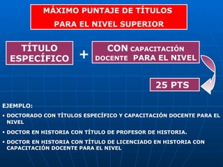 MÁXIMO PUNTAJE DE TÍTULOS  PARA EL NIVEL SUPERIOR TÍTULO ESPECÍFICO CON  CAPACITACIÓN DOCENTE   PARA EL NIVEL 25 PTS EJEMPLO: DOCTORADO CON TÍTULOS ESPECÍFICO Y CAPACITACIÓN DOCENTE PARA EL NIVEL   DOCTOR EN HISTORIA CON TÍTULO DE PROFESOR DE HISTORIA . DOCTOR   EN HISTORIA CON TÍTULO DE LICENCIADO EN HISTORIA CON CAPACITACIÓN DOCENTE PARA EL NIVEL + 