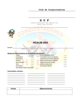 Club de Conquistadores




                                                    H D F
                                      Iglesia Adventista del Séptimo Día
                                              Santa Cruz, Bolivia




                                         HOJA DE VIDA

Nombre: __________________________________________________________________________________
                      Apellidos                                     Nombres




Marque las Clases Progresivas de las cuales ha sido investido:
             Amigo                     ____            Amigo de la Naturaleza         ____
             Compañero                 ____            Compañero de Excursionismo     ____
             Explorador                ____            Explorador de Campo y Bosque   ____
             Pionero                   ____            Pionero de Nuevas Fronteras    ____
             Excursionista             ____            Excursionista del Campo        ____
             Guía                      ____            Guía de Exploración            ____
             Guía Mayor                ____            Guía Mayor Master              ____
             Guía Mayor Master Avanzado ____

Especialidades realizadas:
________________________          ________________________      ________________________
________________________          ________________________      ________________________
________________________          ________________________      ________________________
________________________          ________________________      ________________________
________________________          ________________________      ________________________
________________________          ________________________      ________________________
________________________          ________________________      ________________________


     Fecha                                          Observaciones
 