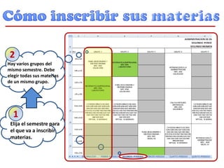 Elija el semestre para
el que va a inscribir
materias.
Hay varios grupos del
mismo semestre. Debe
elegir todas sus materias
de un mismo grupo.
1
2
 