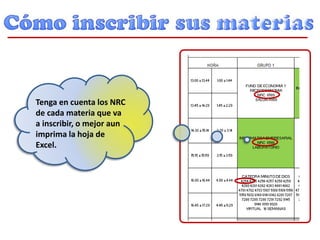 Tenga en cuenta los NRC
de cada materia que va
a inscribir, o mejor aun
imprima la hoja de
Excel.
 