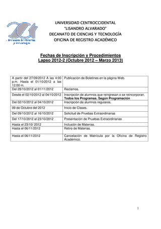 UNIVERSIDAD CENTROCCIDENTAL
                                   “LISANDRO ALVARADO”
                                                TECNOLOGÍA
                         DECANATO DE CIENCIAS Y TECNOLOGÍA
                               OFICINA DE REGISTRO ACADÉMICO



                  Fechas de Inscripción y Procedimientos
                 Lapso 2012-2 (Octubre 2012 – Marzo 2013)



A partir del 27/09/2012 A las 4:00 Publicación de Boletines en la página Web.
p.m. Hasta el 01/10/2012 a las
12:00 m.
Del 28/10/2012 al 01/11/2012       Reclamos.
Desde el 02/10/2012 al 04/10/2012 Inscripción de alumnos que reingresan o se reincorporan.
                                  Todos los Programas. Según Programación
Del 02/10/2012 al 04/10/2012      Inscripción de alumnos regulares.
09 de Octubre del 2012             Inicio de Clases.
Del 09/10/2012 al 16/10/2012       Solicitud de Pruebas Extraordinarias
Del 17/10/2012 al 23/10/2012       Presentación de Pruebas Extraordinarias
Hasta el 23/10/ 2012               Inclusión de Materias.
Hasta el 06/11/2012                Retiro de Materias.

Hasta el 06/11/2012                Cancelación de Matrícula por la Oficina de Registro
                                   Académico.




                                                                                    1
 