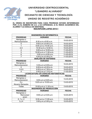 UNIVERSIDAD CENTROCCIDENTAL
“LISANDRO ALVARADO”
DECANATO DE CIENCIAS Y TECNOLOGÍA
UNIDAD DE REGISTRO ACADÉMICO
EL ORDEN DE INSCRIPCIÓN PARA CADA PRIORIDAD ESTARÁ DETERMINADO
POR: (1) EL NÚMERO DE U.C. o D.H APROBADA, 2) EL ÍNDICE ACADÉMICO DEL
ALUMNO Y (3) CEDULA DE IDENTIDAD.
INSCRIPCIÓN LAPSO 2015-1
INGENIERÍA EN INFORMÁTICA
PRIORIDAD HORARIO FECHA
Reingreso o
Reincorporacion 8:30 a.m a 9:00 a.m.
10-03-2015
0 9:00 a.m a 9:45 a.m. 10-03-2015
1 9:45 a.m a 10:30 a.m. 10-03-2015
2-3 10:30 a.m a 12:00 m. 10-03-2015
4 9:00 a.m a 10:00 a.m. 11-03-2015
5 10:00 a.m a 11:00 a.m. 11-03-2015
6 3:00 p.m a 4:00 p.m. 11-03-2015
7 4:00 p.m a 5:00 p.m. 11-03-2015
ANÁLISIS DE SISTEMAS
PRIORIDAD HORARIO FECHA
Reingreso o
Reincorporacion 5:30 p.m a 6:00 p.m
10-03-2015
0 6:00 p.m a 6:20 p.m. 10-03-2015
1-2-3 6:20 p.m a 7:30 p.m. 10-03-2015
4 5:45 p.m a 7:15 p.m. 11-03-2015
LICENCIATURA EN CIENCIAS MATEMÁTICAS
PRIORIDAD HORARIO FECHA
Reingreso o
Reincorporacion 9:00 a.m a 9:20 a.m
13-03-2015
0 y
Noveno Semestre
9:20 a.m a 10:00 a.m. 13-03-2015
Todas 10:00 a.m a 11:30 a.m. 13-03-2015
INGENIERÍA DE PRODUCCIÓN
PRIORIDAD HORARIO FECHA
Reingreso o
Reincorpor
acion
9:00 a.m a 9:30 a.m 12-03-2015
0, 1 y 2 9:30 a.m a 11:00 a.m. 12-03-2015
3 y 4 3:00 p.m a 5:00 p.m. 12-03-2015
5
 
