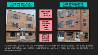 La Institución, cuenta con una trayectoria de 23 años, dos sedes propias, con aulas grandes,
parque recreativo, sala múltiple, laboratorio de química y física, dos salas de computo y un
restaurante escolar.
SEDE PRE-ESCOLAR
Calle 19 # 15-45 San Rafael
PRE KINDER
KINDER
TRANSICIÓN
SEDE BACHILLERATO
Carrera 13 # 17-73 El Prado
PRIMERO
SEGUNDO
TERCERO
CUARTO
QUINTO
SEPTIMO
OCTAVO
NOVENO
DECIMO
 