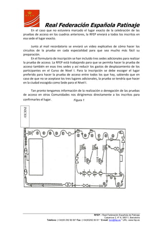 Real Federación Española Patinaje
RFEP – Real Federación Española de Patinaje
Casanova 2, 4º A, 08011, Barcelona
Telefono: (+34)93 292 80 80* Fax: (+34)93292 80 81 * E-mail: bcn@fep.es * URL: www.fep.es
En el caso que no estuviera marcado el lugar exacto de la celebración de las
pruebas de acceso en los cuadros anteriores, la RFEP enviará a todos los inscritos en
esa sede el lugar exacto.
Junto al mail recordatorio se enviará un video explicativo de cómo hacer los
circuitos de la prueba en cada especialidad para que sea mucho más fácil su
preparación.
En el formulario de inscripción se han incluido tres sedes adicionales para realizar
la prueba de acceso. La RFEP está trabajando para que se permita hacer la prueba de
acceso también en esas tres sedes y así reducir los gastos de desplazamiento de los
participantes en el Curso de Nivel I. Para la inscripción se debe escoger el lugar
preferido para hacer la prueba de acceso entre todos los que hay, sabiendo que en
caso de que no se aceptase los tres lugares adicionales, la prueba se tendría que hacer
en la ciudad escogida como Sede para el Nivel I.
Tan pronto tengamos información de la realización o denegación de las pruebas
de acceso en otras Comunidades nos dirigiremos directamente a los inscritos para
confirmarles el lugar. Figura 1
INICIO/
FINAL.
 