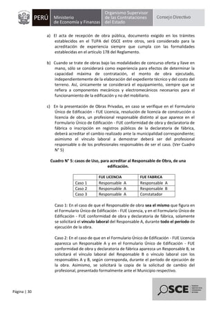 Página | 30
a) El acta de recepción de obra pública, documento exigido en los trámites
establecidos en el TUPA del OSCE entre otros, será considerado para la
acreditación de experiencia siempre que cumpla con las formalidades
establecidas en el artículo 178 del Reglamento.
b) Cuando se trate de obras bajo las modalidades de concurso oferta y llave en
mano, sólo se considerará como experiencia para efectos de determinar la
capacidad máxima de contratación, el monto de obra ejecutado,
independientemente de la elaboración del expediente técnico y del costo del
terreno. Así, únicamente se considerará el equipamiento, siempre que se
refiera a componentes mecánicos y electromecánicos necesarios para el
funcionamiento de la edificación y no del mobiliario.
c) En la presentación de Obras Privadas, en caso se verifique en el Formulario
Único de Edificación - FUE Licencia, resolución de licencia de construcción o
licencia de obra, un profesional responsable distinto al que aparece en el
Formulario Único de Edificación - FUE conformidad de obra y declaratoria de
fábrica o inscripción en registros públicos de la declaratoria de fábrica,
deberá acreditar el cambio realizado ante la municipalidad correspondiente;
asimismo el vínculo laboral a demostrar deberá ser del profesional
responsable o de los profesionales responsables de ser el caso. (Ver Cuadro
N° 5)
Cuadro N° 5: casos de Uso, para acreditar al Responsable de Obra, de una
edificación.
FUE LICENCIA FUE FABRICA
Caso 1 Responsable A Responsable A
Caso 2 Responsable A Responsable B
Caso 3 Responsable A Constatador
Caso 1: En el caso de que el Responsable de obra sea el mismo que figura en
el Formulario Único de Edificación - FUE Licencia, y en el Formulario Único de
Edificación - FUE conformidad de obra y declaratoria de fábrica, solamente
se solicitará el vínculo laboral del Responsable A, durante todo el período de
ejecución de la obra.
Caso 2: En el caso de que en el Formulario Único de Edificación - FUE Licencia
aparezca un Responsable A y en el Formulario Único de Edificación - FUE
conformidad de obra y declaratoria de fábrica aparezca un Responsable B, se
solicitará el vínculo laboral del Responsable B o vínculo laboral con los
responsables A y B, según corresponda, durante el período de ejecución de
la obra. Asimismo, se solicitará la copia de la solicitud de cambio del
profesional, presentado formalmente ante el Municipio respectivo.
 