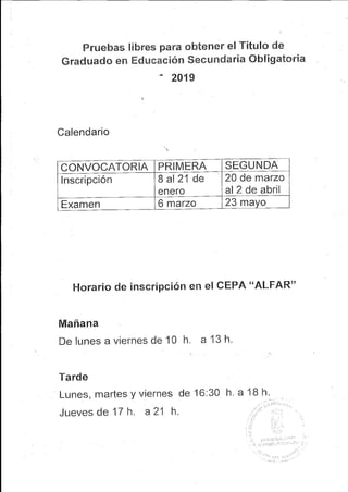 Inscripcion y convocatoria pruebas libres 2019