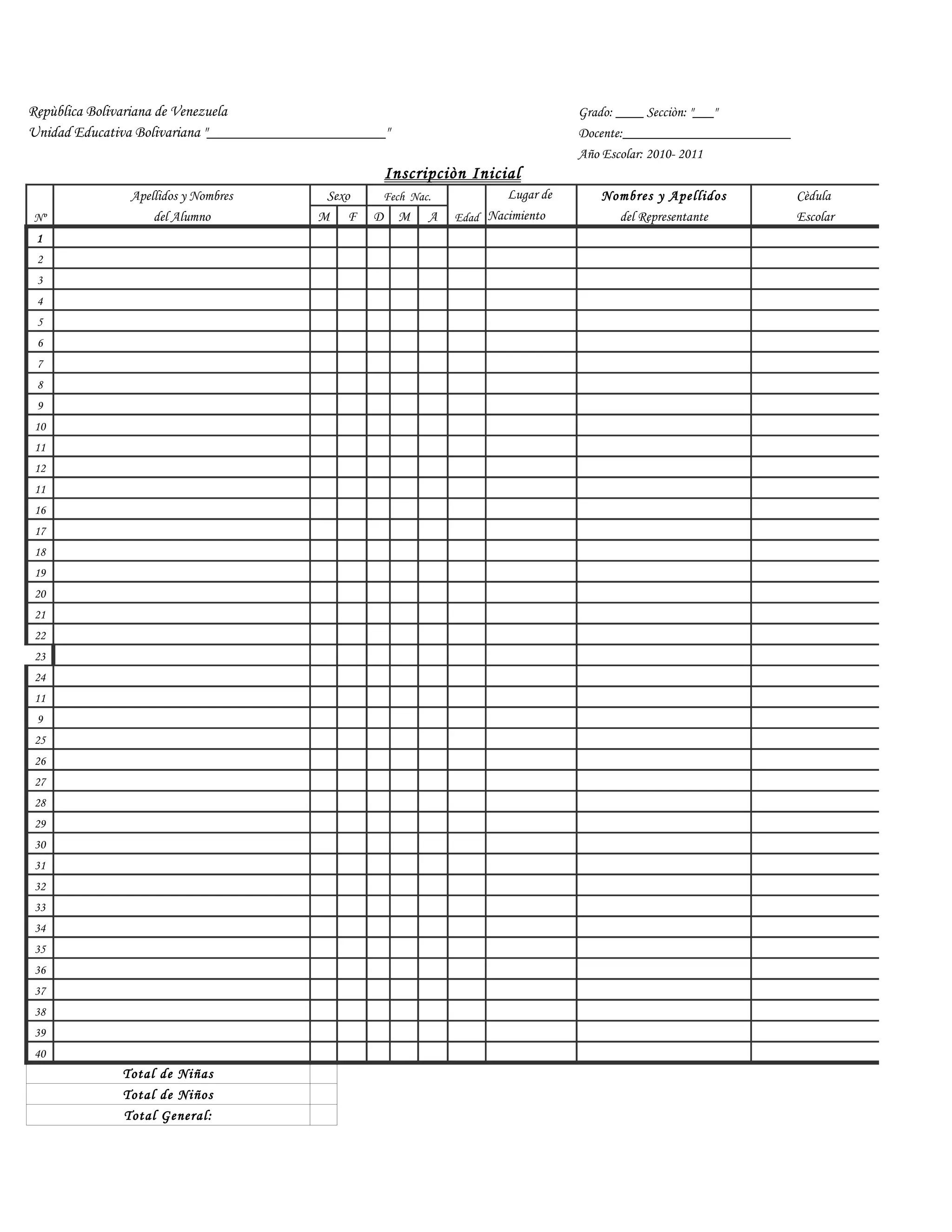Repùblica Bolivariana de Venezuela Grado: ____ Secciòn: "___"
Unidad Educativa Bolivariana "_______________________" Docente:________________________
Año Escolar: 2010- 2011
Inscripciòn Inicial
Apellidos y Nombres Sexo Fech Nac. Lugar de Nombres y Apellidos Cèdula
Nº del Alumno M F D M A Edad Nacimiento del Representante Escolar
1
2
3
4
5
6
7
8
9
10
11
12
11
16
17
18
19
20
21
22
23
24
11
9
25
26
27
28
29
30
31
32
33
34
35
36
37
38
39
40
Total de Niñas
Total de Niños
Total General: