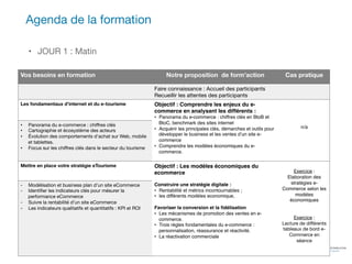 Formation digitale – Proposition du 19 Février 2015 – The Impactory!
•  JOUR 1 : Matin
Agenda de la formation
4
Vos besoins en formation
 Notre proposition de form’action
 Cas pratique
Faire connaissance : Accueil des participants
Recueillir les attentes des participants
Les fondamentaux d’internet et du e-tourisme
 Objectif : Comprendre les enjeux du e-
commerce en analysant les différents :
•  Panorama du e-commerce : chiffres clés en BtoB et
BtoC, benchmark des sites internet
•  Acquérir les principales clés, démarches et outils pour
développer le business et les ventes d’un site e-
commerce
•  Comprendre les modèles économiques du e-
commerce.




n/a


•  Panorama du e-commerce : chiﬀres clés
•  Cartographie et écosystème des acteurs
•  Évolution des comportements d'achat sur Web, mobile
et tablettes.
•  Focus sur les chiﬀres clés dans le secteur du tourisme
Mettre en place votre stratégie eTourisme
 Objectif : Les modèles économiques du
ecommerce
Construire une stratégie digitale :
•  Rentabilité et métrics incontournables ;
•  les différents modèles economique,
Favoriser la conversion et la ﬁdélisation
•  Les mécanismes de promotion des ventes en e-
commerce.
•  Trois règles fondamentales du e-commerce :
personnalisation, réassurance et réactivité.
•  La réactivation commerciale

Exercice :
Elaboration des
stratégies e-
Commerce selon les
modèles
économiques


Exercice :  
Lecture de diﬀérents
tableaux de bord e-
Commerce en
séance


-  Modélisation et business plan d’un site eCommerce
-  Identiﬁer les indicateurs clés pour mésurer la
performance eCommerce
-  Suivre la rentabilité d’un site eCommerce
-  Les indicateurs qualitatifs et quantitatifs : KPI et ROI
 
