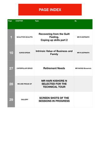 PAGE INDEX
Page CHAPTER Topic By
1 SCULPTOR SCULPTS
Recovering from the Guilt
Feeling.
Coping up skills part 2
MR R.GOPINATH
10 GURUS SPEAK
Intrinsic Value of Business and
Family
MR R.GOPINATH
27 CATERPILLAR SPACE Retirement Needs MR NAYAN Bhowmick
28 WE ARE PROUD OF
MR HARI KISHORE N
SELECTED FOR THE
TECHNICAL TOUR
29 GALLERY
SCREEN SHOTS OF THE
SESSIONS IN PROGRESS
 
