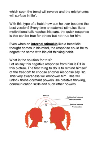 which soon the trend will reverse and the misfortunes
will surface in life”. 

With this type of a habit how can he ever become the
best version? Every time an external stimulus like a
motivational talk reaches his ears, the quick response
is this can be true for others but not true for him. 

Even when an internal stimulus like a beneficial
thought comes in his mind, the response could be to
negate the same with his old thinking habit. 

What is the solution for this?

Let us say this negative response from him is R1 in
this picture. The first thing to do is to remind himself
of the freedom to choose another response say R2.
This very awareness will empower him. This will
unlock those dormant powers like creative thinking,
communication skills and such other powers. 

 