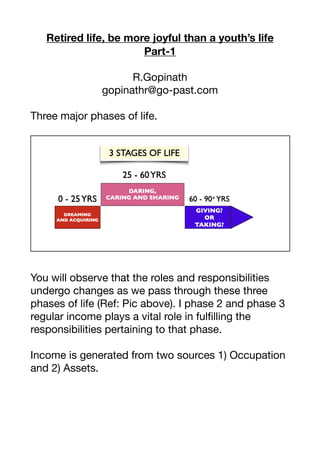 Retired life, be more joyful than a youth’s life
Part-1
R.Gopinath

gopinathr@go-past.com

Three major phases of life.

You will observe that the roles and responsibilities
undergo changes as we pass through these three
phases of life (Ref: Pic above). I phase 2 and phase 3
regular income plays a vital role in fulfilling the
responsibilities pertaining to that phase.

Income is generated from two sources 1) Occupation
and 2) Assets. 

 