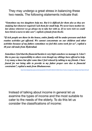 They may undergo a great stress in balancing these
two needs. The following statements indicate that:

Instead of talking about income in general let us
examine the types of income and the most suitable to
cater to the needs of the elderly. To do this let us
consider the classifications of income:

 