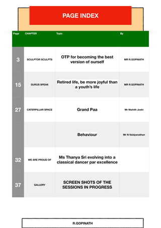 R.GOPINATH
PAGE INDEX
Page CHAPTER Topic By
3 SCULPTOR SCULPTS
OTP for becoming the best
version of ourself
MR R.GOPINATH
15 GURUS SPEAK
Retired life, be more joyful than
a youth’s life
MR R.GOPINATH
27 CATERPILLAR SPACE Grand Paa Mr Nishith Joshi
Behaviour Mr N Vaidyanathan
32 WE ARE PROUD OF
Ms Thanya Sri evolving into a
classical dancer par excellence
37 GALLERY
SCREEN SHOTS OF THE
SESSIONS IN PROGRESS
 