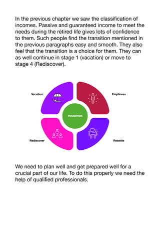In the previous chapter we saw the classification of
incomes. Passive and guaranteed income to meet the
needs during the retired life gives lots of confidence
to them. Such people find the transition mentioned in
the previous paragraphs easy and smooth. They also
feel that the transition is a choice for them. They can
as well continue in stage 1 (vacation) or move to
stage 4 (Rediscover).
We need to plan well and get prepared well for a
crucial part of our life. To do this properly we need the
help of qualified professionals.
 