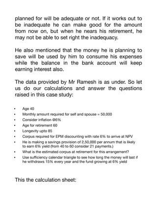 planned for will be adequate or not. If it works out to
be inadequate he can make good for the amount
from now on, but when he nears his retirement, he
may not be able to set right the inadequacy.
He also mentioned that the money he is planning to
save will be used by him to consume his expenses
while the balance in the bank account will keep
earning interest also.
The data provided by Mr Ramesh is as under. So let
us do our calculations and answer the questions
raised in this case study:
This the calculation sheet:
• Age 40
• Monthly amount required for self and spouse = 50,000
• Consider in
fl
ation @6%
• Age for retirement 60
• Longevity upto 85
• Corpus required for EPM discounting with rate 6% to arrive at NPV
• He is making a savings provision of 2,50,000 per annum that is likely
to earn 6% yield (from 40 to 60 consider 21 payments.)
• What is the estimated corpus at retirement for this arrangement?
• Use su
ffi
ciency calendar triangle to see how long the money will last if
he withdraws 15% every year and the fund growing at 6% yield
 