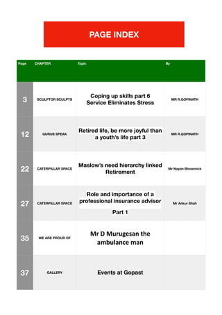 PAGE INDEX
Page CHAPTER Topic By
3 SCULPTOR SCULPTS
Coping up skills part 6
Service Eliminates Stress
MR R.GOPINATH
12 GURUS SPEAK
Retired life, be more joyful than
a youth’s life part 3
MR R.GOPINATH
22 CATERPILLAR SPACE
Maslow’s need hierarchy linked
Retirement
Mr Nayan Bhowmick
27 CATERPILLAR SPACE
Role and importance of a
professional insurance advisor
Part 1
Mr Ankur Shah
35 WE ARE PROUD OF
Mr D Murugesan the
ambulance man
37 GALLERY Events at Gopast
 