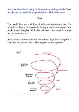 it is also about the intensity of the pain they undergo (feel). Some
people cope up well with tough situations, while some don’t.
Start
The world has lots and lots of information/statistics/data. Our
mind has a knack of selectively
fi
nding evidences to support our
predominant thoughts. With this evidences our mind is pushed
into an emotional spiral.
Faced with a serious situation, the mind can go down in spiral as
shown in this picture. Pic:1. This happens to many people:
 