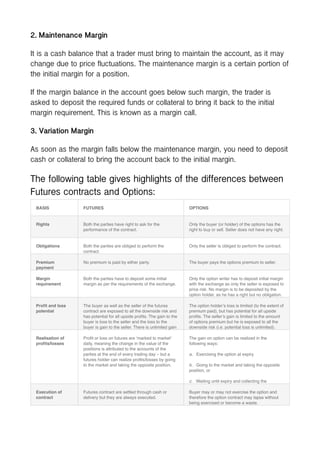 2. Maintenance Margin
It is a cash balance that a trader must bring to maintain the account, as it may
change due to price fluctuations. The maintenance margin is a certain portion of
the initial margin for a position.
If the margin balance in the account goes below such margin, the trader is
asked to deposit the required funds or collateral to bring it back to the initial
margin requirement. This is known as a margin call.
3. Variation Margin
As soon as the margin falls below the maintenance margin, you need to deposit
cash or collateral to bring the account back to the initial margin.
The following table gives highlights of the differences between
Futures contracts and Options:
BASIS FUTURES OPTIONS
Rights Both the parties have right to ask for the
performance of the contract.
Only the buyer (or holder) of the options has the
right to buy or sell. Seller does not have any right.
Obligations Both the parties are obliged to perform the
contract.
Only the seller is obliged to perform the contract.
Premium
payment
No premium is paid by either party. The buyer pays the options premium to seller.
Margin
requirement
Both the parties have to deposit some initial
margin as per the requirements of the exchange.
Only the option writer has to deposit initial margin
with the exchange as only the seller is exposed to
price risk. No margin is to be deposited by the
option holder, as he has a right but no obligation.
Profit and loss
potential
The buyer as well as the seller of the futures
contract are exposed to all the downside risk and
has potential for all upside profits. The gain to the
buyer is loss to the seller and the loss to the
buyer is gain to the seller. There is unlimited gain
and loss possibility for both the parties.
The option holder’s loss is limited (to the extent of
premium paid), but has potential for all upside
profits. The seller’s gain is limited to the amount
of options premium but he is exposed to all the
downside risk (i.e. potential loss is unlimited).
Realisation of
profits/losses
Profit or loss on futures are ‘marked to market’
daily, meaning the change in the value of the
positions is attributed to the accounts of the
parties at the end of every trading day – but a
futures holder can realize profits/losses by going
to the market and taking the opposite position.
The gain on option can be realized in the
following ways:
a. Exercising the option at expiry
b. Going to the market and taking the opposite
position, or
c. Waiting until expiry and collecting the
difference between the asset price and the strike
Execution of
contract
Futures contract are settled through cash or
delivery but they are always executed.
Buyer may or may not exercise the option and
therefore the option contract may lapse without
being exercised or become a waste.
 