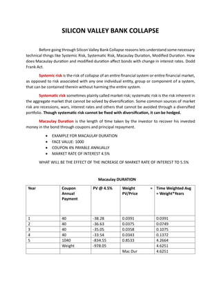 SILICON VALLEY BANK COLLAPSE
Before going through Silicon Valley Bank Collapse reasons lets understand some necessary
technical things like Systemic Risk, Systematic Risk, Macaulay Duration, Modified Duration. How
does Macaulay duration and modified duration affect bonds with change in interest rates. Dodd
Frank Act.
Systemic risk is the risk of collapse of an entire financial system or entire financial market,
as opposed to risk associated with any one individual entity, group or component of a system,
that can be contained therein without harming the entire system.
Systematic risk sometimes plainly called market risk; systematic risk is the risk inherent in
the aggregate market that cannot be solved by diversification. Some common sources of market
risk are recessions, wars, interest rates and others that cannot be avoided through a diversified
portfolio. Though systematic risk cannot be fixed with diversification, it can be hedged.
Macaulay Duration is the length of time taken by the investor to recover his invested
money in the bond through coupons and principal repayment.
• EXAMPLE FOR MACAULAY DURATION
• FACE VALUE: 1000
• COUPON 4% PAYABLE ANNUALLY
• MARKET RATE OF INTEREST 4.5%
WHAT WILL BE THE EFFECT OF THE INCREASE OF MARKET RATE OF INTEREST TO 5.5%
Macaulay DURATION
Year Coupon
Annual
Payment
PV @ 4.5% Weight =
PV/Price
Time Weighted Avg
= Weight*Years
1 40 -38.28 0.0391 0.0391
2 40 -36.63 0.0375 0.0749
3 40 -35.05 0.0358 0.1075
4 40 -33.54 0.0343 0.1372
5 1040 -834.55 0.8533 4.2664
Weight -978.05 4.6251
Mac Dur 4.6251
 