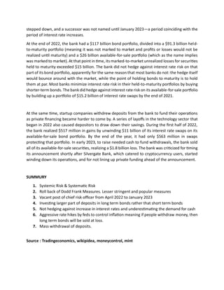 stepped down, and a successor was not named until January 2023—a period coinciding with the
period of interest rate increases.
At the end of 2022, the bank had a $117 billion bond portfolio, divided into a $91.3 billion held-
to-maturity portfolio (meaning it was not marked to market and profits or losses would not be
realized until maturity) and a $26 billion available-for-sale portfolio (which as the name implies
was marked to market). At that point in time, its marked-to-market unrealized losses for securities
held to maturity exceeded $15 billion. The bank did not hedge against interest rate risk on that
part of its bond portfolio, apparently for the same reason that most banks do not: the hedge itself
would bounce around with the market, while the point of holding bonds to maturity is to hold
them at par. Most banks minimize interest rate risk in their held-to-maturity portfolios by buying
shorter-term bonds. The bank did hedge against interest rate risk on its available-for-sale portfolio
by building up a portfolio of $15.2 billion of interest rate swaps by the end of 2021.
At the same time, startup companies withdrew deposits from the bank to fund their operations
as private financing became harder to come by. A series of layoffs in the technology sector that
began in 2022 also caused depositors to draw down their savings. During the first half of 2022,
the bank realized $517 million in gains by unwinding $11 billion of its interest rate swaps on its
available-for-sale bond portfolio. By the end of the year, it had only $563 million in swaps
protecting that portfolio. In early 2023, to raise needed cash to fund withdrawals, the bank sold
all of its available-for-sale securities, realizing a $1.8 billion loss. The bank was criticized for timing
its announcement shortly after Silvergate Bank, which catered to cryptocurrency users, started
winding down its operations, and for not lining up private funding ahead of the announcement.
SUMMURY
1. Systemic Risk & Systematic Risk
2. Roll back of Dodd Frank Measures. Lesser stringent and popular measures
3. Vacant post of chief risk officer from April 2022 to January 2023
4. Investing larger part of deposits in long term bonds rather that short term bonds
5. Not hedging against increase in interest rates and underestimating the demand for cash
6. Aggressive rate hikes by feds to control inflation meaning if people withdraw money, then
long term bonds will be sold at loss.
7. Mass withdrawal of deposits.
Source : Tradingeconomics, wikipidea, moneycontrol, mint
 