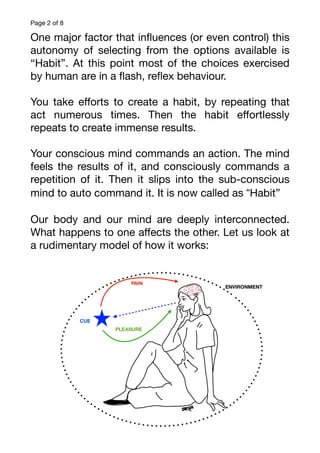 Page of
2 8
One major factor that in
fl
uences (or even control) this
autonomy of selecting from the options available is
“Habit”. At this point most of the choices exercised
by human are in a
fl
ash, re
fl
ex behaviour.
You take e
ff
orts to create a habit, by repeating that
act numerous times. Then the habit e
ff
ortlessly
repeats to create immense results.
Your conscious mind commands an action. The mind
feels the results of it, and consciously commands a
repetition of it. Then it slips into the sub-conscious
mind to auto command it. It is now called as “Habit”
Our body and our mind are deeply interconnected.
What happens to one a
ff
ects the other. Let us look at
a rudimentary model of how it works:
 
