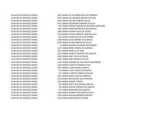 AUXILIAR DE SERVIÇOS GERAIS   2629   MARIA DO SOCORRO DA SILVA FERREIRA
AUXILIAR DE SERVIÇOS GERAIS   2595   MARIA DO SOCORRO RIBEIRO DA SILVA
AUXILIAR DE SERVIÇOS GERAIS   2203   MARIA DOS REIS RIBEIRO SOUZA
AUXILIAR DE SERVIÇOS GERAIS   2422   MARIA DOURIVAN FERREIRA DA SILVA
AUXILIAR DE SERVIÇOS GERAIS    942   MARIA EDILENE RIBEIRO DE OLIVEIRA CONCEIÇÃO
AUXILIAR DE SERVIÇOS GERAIS    863   MARIA EDNA PEREIRA DOS REIS BASTOS
AUXILIAR DE SERVIÇOS GERAIS   2598   MARIA EDVANY ALVES DE SOUSA
AUXILIAR DE SERVIÇOS GERAIS   1756   MARIA ELIENE FERREIRA CAMPOS SILVA
AUXILIAR DE SERVIÇOS GERAIS    202   MARIA FRANCISCA DA SILVA GOMES
AUXILIAR DE SERVIÇOS GERAIS   1368   MARIA GILSA PEREIRA DE ALMEIDA
AUXILIAR DE SERVIÇOS GERAIS   2544   MARIA GUINÁ SAMPAIO DE JESUS
AUXILIAR DE SERVIÇOS GERAIS     51   MARIA HELENA ASSUNÇÃO MILHOMEM
AUXILIAR DE SERVIÇOS GERAIS   1227   MARIA IRENE PEREIRA DE ALMEIDA
AUXILIAR DE SERVIÇOS GERAIS   1291   MARIA IRENE SILVA LIMA
AUXILIAR DE SERVIÇOS GERAIS   2322   MARIA IVONETE MARTINS DOS SNATOS
AUXILIAR DE SERVIÇOS GERAIS   2280   MARIA JOSE COSTA DE SOUSA
AUXILIAR DE SERVIÇOS GERAIS   1385   MARIA JOSE RIBEIRO DA SILVA
AUXILIAR DE SERVIÇOS GERAIS   2128   MARIA LIANDRA DA SILVA NETA MILHOMEM
AUXILIAR DE SERVIÇOS GERAIS   1410   MARIA LUANA DE FRANÇA SILVA
AUXILIAR DE SERVIÇOS GERAIS   1497   MARIA LUANA SOARES SANTOS
AUXILIAR DE SERVIÇOS GERAIS    776   MARIA LUCIA VIEIRA DOS SANTOS
AUXILIAR DE SERVIÇOS GERAIS    747   MARIA LUZINETE GOMES DE SOUZA
AUXILIAR DE SERVIÇOS GERAIS   1661   MARIA NADIA COELHO PIMENTEL
AUXILIAR DE SERVIÇOS GERAIS   1520   MARIA NATIVIDADE SILVA PEREIRA
AUXILIAR DE SERVIÇOS GERAIS   2262   MARIA NAZARE TORRES
AUXILIAR DE SERVIÇOS GERAIS    507   MARIA ODETE RESPLANDES ARAUJO
AUXILIAR DE SERVIÇOS GERAIS    579   MARIA ONEIDE PEREIRA DOS SANTOS
AUXILIAR DE SERVIÇOS GERAIS    479   MARIA RAIMUNDA DOS SANTOS
AUXILIAR DE SERVIÇOS GERAIS   1436   MARIA ROSARIA DOS SANTOS ALVES
AUXILIAR DE SERVIÇOS GERAIS   1299   MARIA ROSILDA BARBOZA SANTOS
AUXILIAR DE SERVIÇOS GERAIS   1228   MARIA SANTANA DE OLIVEIRA
 