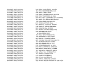 AUXILIAR DE SERVIÇOS GERAIS   1562   MARIA SELMA PAIVA DE OLIVEIRA
AUXILIAR DE SERVIÇOS GERAIS    867   MARIA SOCORRO BARBOSA DIAS
AUXILIAR DE SERVIÇOS GERAIS   1099   MARIA SÔNIA DE JESUS
AUXILIAR DE SERVIÇOS GERAIS   1190   MARIA SORAYA RODRIGUES DE SOUSA
AUXILIAR DE SERVIÇOS GERAIS   2160   MARIA VALDA SOBRAL DA SILVA
AUXILIAR DE SERVIÇOS GERAIS   2086   MARIA VERA LÚCIA TORRES DO NASCIMENTO
AUXILIAR DE SERVIÇOS GERAIS    693   MARIA ZELIA PEREIRA LIMA BARBOSA
AUXILIAR DE SERVIÇOS GERAIS    552   MARIA ZILMA FRANCISCA REIS
AUXILIAR DE SERVIÇOS GERAIS   2449   MARILAM VERAS DE SOUSA
AUXILIAR DE SERVIÇOS GERAIS   1482   MARILEIDE ALMEIDA DE MACÊDO
AUXILIAR DE SERVIÇOS GERAIS   2704   MARILEIDE PEREIRA DE MORAES
AUXILIAR DE SERVIÇOS GERAIS   1849   MARILENE ROSA DE SOUZA
AUXILIAR DE SERVIÇOS GERAIS   1310   MARINALVA MARQUES DOURADO
AUXILIAR DE SERVIÇOS GERAIS   1378   MARIZA PEREIRA SOUSA
AUXILIAR DE SERVIÇOS GERAIS     96   MARLENE DIAS LOPES
AUXILIAR DE SERVIÇOS GERAIS    736   MARLY FERNANDES DE SOUSA
AUXILIAR DE SERVIÇOS GERAIS    796   MARY ANNE COSTA DE SOUSA
AUXILIAR DE SERVIÇOS GERAIS   1474   MARYSLEY ALVES DAS CHAGAS
AUXILIAR DE SERVIÇOS GERAIS   1827   MAURICIO PEREIRA DE DOUSA SANTOS
AUXILIAR DE SERVIÇOS GERAIS    731   MAURIVANI DA COSTA BARROS
AUXILIAR DE SERVIÇOS GERAIS   1960   MAY LANNE BORGES DA CRUZ
AUXILIAR DE SERVIÇOS GERAIS   1706   MICAELLE ALEXANDRE DA SILVA
AUXILIAR DE SERVIÇOS GERAIS   2450   MICHALLAN PINTO DA CONCEIÇÃO
AUXILIAR DE SERVIÇOS GERAIS   2489   MÔNICA DAMACENO DE OLIVEIRA
AUXILIAR DE SERVIÇOS GERAIS    974   NARA NÚBIA SOARES DOS SANTOS
AUXILIAR DE SERVIÇOS GERAIS   1540   NATALIA SILVA MATOS SANTANA
AUXILIAR DE SERVIÇOS GERAIS    462   ODINEIA GUEDES DA SILVA
AUXILIAR DE SERVIÇOS GERAIS   2729   OSIVALDO SOUSA BRITO
AUXILIAR DE SERVIÇOS GERAIS   1022   PATRICIA DIAS DE SOUSA
AUXILIAR DE SERVIÇOS GERAIS   2107   PATRICIA DOS SANTOS MACEDO
AUXILIAR DE SERVIÇOS GERAIS   1089   PATRÍCIA MATOS FIGUEIREDO DA CONCEIÇÃO
 