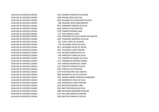 AUXILIAR DE SERVIÇOS GERAIS   1387   SIMARIA PEREIRA DE OLIVEIRA
AUXILIAR DE SERVIÇOS GERAIS   1358   SIRLENE ROSA DA SILVA
AUXILIAR DE SERVIÇOS GERAIS   2565   SOLANGE DA CONCEIÇÃO DOS REIS
AUXILIAR DE SERVIÇOS GERAIS    368   SOLANGE NEVES NASCIMENTO
AUXILIAR DE SERVIÇOS GERAIS   2673   SONIMAR FERREIRA DA SILVA
AUXILIAR DE SERVIÇOS GERAIS   1830   SORAIA ALVES MARTINS
AUXILIAR DE SERVIÇOS GERAIS   1759   TAMIRES PEREIRA LIMA
AUXILIAR DE SERVIÇOS GERAIS    677   TAYS RIBEIRO LOPES
AUXILIAR DE SERVIÇOS GERAIS   1165   TEREZINHA DE JESUS VIEIRA DOS SANTOS
AUXILIAR DE SERVIÇOS GERAIS   1634   TEREZINHA BARROSO DA SILVA
AUXILIAR DE SERVIÇOS GERAIS    381   THAÍS LOPES DE OLIVEIRA
AUXILIAR DE SERVIÇOS GERAIS    719   VALDINAM ALVES DA SILVA
AUXILIAR DE SERVIÇOS GERAIS   2071   VALDIRENE ALVES DE SOUSA
AUXILIAR DE SERVIÇOS GERAIS   1637   VALDONEZ LOPES PEREIRA
AUXILIAR DE SERVIÇOS GERAIS   1216   VALERIA PEREIRA DA SILVA
AUXILIAR DE SERVIÇOS GERAIS    326   VANDECIR CUNHA DA SILVA
AUXILIAR DE SERVIÇOS GERAIS    575   VANDERLAN GOMES DA SILVA
AUXILIAR DE SERVIÇOS GERAIS   1173   VANDERLEIA MORAIS GOMES
AUXILIAR DE SERVIÇOS GERAIS    954   VANESSA RODRIGUES VIANA
AUXILIAR DE SERVIÇOS GERAIS   1131   VANUZA PEREIRA DA SILVA
AUXILIAR DE SERVIÇOS GERAIS   1592   VINICIUS SILVA PEREIRA
AUXILIAR DE SERVIÇOS GERAIS   1379   VYVEA BEATRIZ DOS SANTOS
AUXILIAR DE SERVIÇOS GERAIS   1906   WAGNER ALVES DE ALENCAR
AUXILIAR DE SERVIÇOS GERAIS   1281   WANDA MARIA FERREIRA GUIMARÂES
AUXILIAR DE SERVIÇOS GERAIS    540   WANDERLEY DIAS DA SILVA
AUXILIAR DE SERVIÇOS GERAIS   1426   WANDERLEY LOPES PEREIRA
AUXILIAR DE SERVIÇOS GERAIS   1239   WEDISON PEREIRA LIMA
AUXILIAR DE SERVIÇOS GERAIS   2019   WELTON PEREIRA DA SILVA
AUXILIAR DE SERVIÇOS GERAIS   1889   WILDEMAR BRANDÃO MACEDO
AUXILIAR DE SERVIÇOS GERAIS   2725   WILLIAM MARCOS FERREIRA
AUXILIAR DE SERVIÇOS GERAIS   1930   WILTON PEREIRA DE SOUSA
 