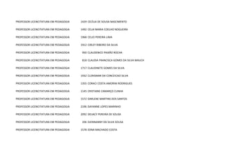 PROFESSOR LICENCITATURA EM PEDAGOGIA   1429 CECÍLIA DE SOUSA NASCIMENTO

PROFESSOR LICENCITATURA EM PEDAGOGIA   1492 CELIA MARIA COELHO NOGUEIRA

PROFESSOR LICENCITATURA EM PEDAGOGIA   1968 CELIO PEREIRA LIMA

PROFESSOR LICENCITATURA EM PEDAGOGIA   1912 CIRLEY RIBEIRO DA SILVA

PROFESSOR LICENCITATURA EM PEDAGOGIA    950 CLAUDENICE PAIXÃO ROCHA

PROFESSOR LICENCITATURA EM PEDAGOGIA    818 CLAUDIA FRANCISCA GOMES DA SILVA MAUCH

PROFESSOR LICENCITATURA EM PEDAGOGIA   1717 CLAUDINETE GOMES DA SILVA

PROFESSOR LICENCITATURA EM PEDAGOGIA   1932 CLERISMAR DA CONCEICAO SILVA

PROFESSOR LICENCITATURA EM PEDAGOGIA   1355 CORACI COSTA AMORIM RODRIGUES

PROFESSOR LICENCITATURA EM PEDAGOGIA   1145 CRISTIANE CAMARÇO CUNHA

PROFESSOR LICENCITATURA EM PEDAGOGIA   1572 DARLENE MARTINS DOS SANTOS

PROFESSOR LICENCITATURA EM PEDAGOGIA   2196 DAYANNE LOPES MARINHO

PROFESSOR LICENCITATURA EM PEDAGOGIA   2092 DEIJACY PEREIRA DE SOUSA

PROFESSOR LICENCITATURA EM PEDAGOGIA    206 DJENNANNY DA SILVA SOUSA

PROFESSOR LICENCITATURA EM PEDAGOGIA   1578 EDNA MACHADO COSTA
 