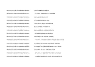 PROFESSOR LICENCITATURA EM PEDAGOGIA   2149 KEDINA GUIDA ARAÚJO

PROFESSOR LICENCITATURA EM PEDAGOGIA    835 KLEBIA CRISTIANE SILVA BANDEIRA

PROFESSOR LICENCITATURA EM PEDAGOGIA   1329 LAZARO GOMES LEITE

PROFESSOR LICENCITATURA EM PEDAGOGIA   1175 LESDÂNIA RIBEIRO LIMA

PROFESSOR LICENCITATURA EM PEDAGOGIA   1208 LUCILEIA MARIA DIAS DA SILVA

PROFESSOR LICENCITATURA EM PEDAGOGIA   2524 LUZIA DOS SANTOS SILVA

PROFESSOR LICENCITATURA EM PEDAGOGIA   2224 LUZIA SANCHES DA SILVA CASTRO

PROFESSOR LICENCITATURA EM PEDAGOGIA    640 MARCELA BARBOSA CARVALHO

PROFESSOR LICENCITATURA EM PEDAGOGIA   1949 MARCOLINO MARTINS AMORIM

PROFESSOR LICENCITATURA EM PEDAGOGIA    443 MARIA APARECIDA SABOIA MARQUES DE CARVALHO

PROFESSOR LICENCITATURA EM PEDAGOGIA   2176 MARIA BETANHA DA SILVA SOUSA SANTANA

PROFESSOR LICENCITATURA EM PEDAGOGIA   1929 MARIA DA CONSOLAÇÃO NUNES COSTA MACIEL

PROFESSOR LICENCITATURA EM PEDAGOGIA   1810 MARIA DE JESUS BORGES DA SILVA

PROFESSOR LICENCITATURA EM PEDAGOGIA    207 MARIA DO SOCORRO FERNANDES GUIMARÃES

PROFESSOR LICENCITATURA EM PEDAGOGIA    935 MARIA DOS SANTOS ROCHA DE OLIVEIRA COSTA
 