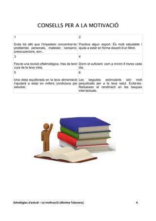 CONSELLS PER A LA MOTIVACIÓ

1                                                2

Evita tot allò que t’impedeixi concentrar-te: Practica algun esport. És molt saludable i
problemes personals, malestar, cansanci, ajuda a estar en forma davant d’un llibre.
preocupacions, son...
3                                                4

Fes-te una revisió oftalmològica. Has de tenir Dorm el suficient: com a mínim 8 hores cada
cura de la teva vista.                         dia.
5                                                6

Una dieta equilibrada en la teva alimentació Les     begudes  estimulants   són    molt
t’ajudarà a estar en millors condicions per perjudicials per a la teva salut. Evíta-les.
estudiar.                                    Redueixen el rendiment en les tasques
                                             intel·lectuals.




Estratègies d'estudi – La motivació (Montse Talavera)                                4
 
