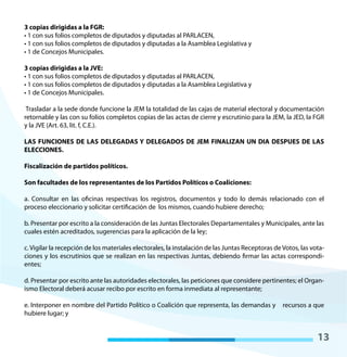 13
3 copias dirigidas a la FGR:
• 1 con sus folios completos de diputados y diputadas al PARLACEN,
• 1 con sus folios completos de diputados y diputadas a la Asamblea Legislativa y
• 1 de Concejos Municipales.
3 copias dirigidas a la JVE:
• 1 con sus folios completos de diputados y diputadas al PARLACEN,
• 1 con sus folios completos de diputados y diputadas a la Asamblea Legislativa y
• 1 de Concejos Municipales.
Trasladar a la sede donde funcione la JEM la totalidad de las cajas de material electoral y documentación
retornable y las con su folios completos copias de las actas de cierre y escrutinio para la JEM, la JED, la FGR
y la JVE (Art. 63, lit. f, C.E.).
LAS FUNCIONES DE LAS DELEGADAS Y DELEGADOS DE JEM FINALIZAN UN DIA DESPUES DE LAS
ELECCIONES.
Fiscalización de partidos políticos.
Son facultades de los representantes de los Partidos Políticos o Coaliciones:
a. Consultar en las oficinas respectivas los registros, documentos y todo lo demás relacionado con el
proceso eleccionario y solicitar certificación de los mismos, cuando hubiere derecho;
b. Presentar por escrito a la consideración de las Juntas Electorales Departamentales y Municipales, ante las
cuales estén acreditados, sugerencias para la aplicación de la ley;
c. Vigilar la recepción de los materiales electorales, la instalación de las Juntas Receptoras de Votos, las vota-
ciones y los escrutinios que se realizan en las respectivas Juntas, debiendo firmar las actas correspondi-
entes;
d. Presentar por escrito ante las autoridades electorales, las peticiones que considere pertinentes; el Organ-
ismo Electoral deberá acusar recibo por escrito en forma inmediata al representante;
e. Interponer en nombre del Partido Político o Coalición que representa, las demandas y recursos a que
hubiere lugar; y
 