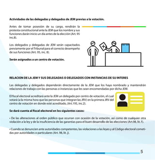 5
Actividades de las delegadas y delegados de JEM previas a la votación.
Antes de tomar posesión de su cargo, rendirán la
protesta constitucional ante la JEM que los nombre y sus
funciones darán inicio un día antes de la elección (Art. 95
inc.8).
Los delegados y delegadas de JEM serán capacitados
previamente por elTribunal para el correcto desempeño
de sus funciones (Art. 95, inc. 8).
Serán asignados a un centro de votación.
RELACION DE LA JEM Y SUS DELEGADAS O DELEGADOS CON INSTANCIAS DE SU INTERES
Las delegadas y delegados dependerán directamente de la JEM que los haya nombrado y mantendrán
relaciones de trabajo con las personas o instancias que les sean encomendadas por dicha JEM.
El fiscal electoral acreditará ante la JEM un delegado por centro de votación, el cual
votará (a la misma hora que las personas que integran las JRV) en la primera JRV del
centro de votación en donde esté acreditado, (Art.195, inc.2).
Se dará cuenta al fiscal electoral en los siguientes casos:
• De las alteraciones al orden público que ocurran con ocasión de la votación, así como de cualquier otra
violación a la ley y de la insuficiencia de las garantías para el buen desarrollo de las elecciones (Art.98, lit. f).
• Cuando se denuncien ante autoridades competentes, las violaciones a las leyes y al Código electoral cometi-
das por autoridades o particulares (Art. 98, lit. j).
 