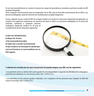 9
Si con este procedimiento se cubren al menos los cargos de presidencia, secretaría y primera vocalía, la JRV
quedará integrada.
Ante cualquier inconveniente para la integración de la JRV, esta lo hará del conocimiento de la JEM o sus
personas delegadas, quienes tomarán las medidas para su legal integración.
Si por cualquier causa o razón la JRV no se logra instalar con al menos 3 personas integrantes propietarias, se
acudirá a la suplencias respectivas; en ausencia de estas, la JEM o sus personas delegadas en el centro de
votación, nombrará a cualquier persona
ciudadana, debiendo verificar en el acto el
cumplimiento de los requisitos siguientes:
a) Que sea salvadoreño(a)
b) Mayor de 18 años
c) De reconocida honradez
d) Saber leer y escribir correctamente
e) Que resida en el municipio en donde ejer-
cerá sus funciones, lo cual acreditará con su
DUI vigente.
Y además las causales por las que una persona no puede integrar una JRV, son las siguientes:
• Los parientes entre sí, dentro del cuarto grado de consanguinidad o segundo de afinidad y los cónyuges o
parientes por adopción, en una misma Junta. (Art. 119 lit a C.E.)
• Los parientes en los mismos grados indicados, con cualquiera de las personas que integran la JEM del
mismo municipio. (Art. 119 lit a C.E.)
 