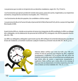 10
• Las personas que no estén en el ejercicio de sus derechos ciudadanos, según Art. 74 y 75 de Cn.
• Los funcionarios que ejerzan jurisdicción siendo estos jueces, jueces de cuenta, magistrados y sus respectivos
secretarios, incluyendo los secretarios municipales. (Art. 119 lit d C.E.)
• Los funcionarios de elección popular y los candidatos a dichos cargos.
• Las personas de alta en la Fuerza Armada, el personal de la Policía Nacional Civil y de los cuerpos de Seguridad
Municipales (CAM).
A partir de las 6:00 a.m., donde se encuentren al menos tres integrantes de JRV acreditados, la JEM o sus delega-
dos o delegadas, con la colaboración de personal de la DOE del TSE, entregarán a las JRV los paquetes elector-
ales (Art. 190).
Las JEM o sus delegados y delegadas supervisarán que las JRV verifiquen el contenido del paquete y que llenen
el acta de instalación, así también resolverán cualquier incidencia y tomarán nota de ello (Art. 98, lit. g, C.E.).
Además deben verificar que entre las 6:30 y las 7:00 a.m.,
emitan el voto las personas que integran las JRV y vigilantes
(propietarios y suplentes). En la primera JRV del centro de
votación únicamente voten el Fiscal Electoral acreditado para
ese centro, jefes de centro y supervisores (propietarios y
suplentes). Debe verificar que a todos ellos se les retenga el
DUI, que éste sea depositado en la bolsa respectiva y les man-
chen el dedo con tinta indeleble (Art. 195, inc. 2, C.E.).
 