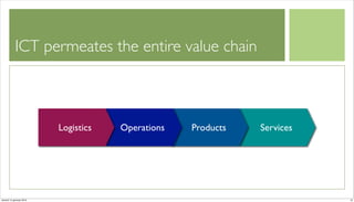 ICT permeates the entire value chain



                          Logistics   Operations   Products   Services




venerdì 15 gennaio 2010                                                  12
 