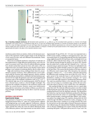 interference pattern limits our statistics, which are the dominant uncer-
tainty in this experiment. Further progress hinges on the development
of new sources for slow, cold, and collimated macromolecular, cluster,
or nanoparticle beams.
Direct tests of multipath interference using beams of molecules are
best implemented in a single diffraction grating scheme, such as the one
used in our present work. State-of-the-art material diffraction gratings
have already reached their natural size limit, with masks as thin as a
single atomic layer (43); further advances may therefore require optical
gratings or new methods of producing effective slits for matter waves.
High-order interference terms, resulting in finite values of k, are pre-
dicted by quantum mechanics. These additional terms can be under-
stood using the Feynman path integral approach, wherein nonlinear
pathsalsoaddupconstructivelytocontributetothefinalinterferencepat-
tern(44,45).Foratriple-slitexperiment,suchastheonepresentedhere,the
maximum value of this multipath contribution scales as l
3=2
dB =ðad1=2
Þ.
The relatively high mass of our interfering quanta, which are derived
from a thermal source, results in a short de Broglie wavelength. This
suppresses the multipath contribution to the interference patterns well
below our current precision. However, matter-wave interferometry
using cold, low-mass atoms, such as helium or lithium, can achieve very
long de Broglie wavelengths and may be able to reach the necessary
precision.
MATERIALS AND METHODS
Experimental design
The experiment is housed in a 2.14-m-long vacuum chamber with a
background pressure below 10−7
mbar (41). At this pressure, collisions
with background gas can be safely neglected. Furthermore, collisions
predominantly prevent the molecules from reaching the small detection
region, whereby they reduce the count rate without affecting the shape
of the diffraction patterns. Each experimental run took about 8 hours.
Approximately 50 mg of PcH2 (M = 515 amu) was evaporated onto a
CF100 vacuum window, resulting in a homogeneous layer, only a few
micrometersthick (41). Evaporating molecules fromthe coated window
using a tightly focused 60-mW laser beam with a wavelength of 421 nm
produced a dilute molecular beam along z, with, on average, less than
one molecule passing through the grating at any given time. Particles
leave the surface from a circular spot with a diameter of Dx = 1.6(1) mm,
measured using an optical microscope. The beam was replenished in situ
by translating the window laterally to expose new regions of the surface
to the laser beam. This ensures that the position of the beam relative to
the diffraction mask remains fixed. After desorption, the molecules
propagate a distance of L1 = 1.55 m before coherently illuminating
the diffraction mask consisting of four sets of slits (M1 to M4). The an-
gular spread of the molecular beam is well described by a cosine
distribution, resulting in a flux of particles varying by 10−6
across
the 0.6-mrad solid angle required to simultaneously illuminate all slits.
The mask was positioned relative to the molecular beam with a pre-
cision of 25 mm using an xy translation stage, and the slits were orien-
tated with respect to gravity (y axis) to better than a few milliradians.
After passing through, the mask molecules arrive at a quartz plate
where they stick. The molecular diffraction patterns were then revealed
by illuminating the quartz plate using a 661-nm laser and observing the
resulting fluorescence from the deposited molecules. The illumination
laser beam has a top-hat intensity distribution produced by reflecting a
Gaussian beam from the surface of a spatial light modulator (SLM)
before passing through a rotating ground-glass diffuser. Each interfer-
ence pattern was imaged using a 20-s exposure, during which the SLM
cycled through 100 different interference masks, averaging over the
laser beam phase fronts, resulting in an average intensity that varies
by a few percent over the entire region of interest. Fluorescence photons
were collected using a 20× objective (Zeiss Ultrafluar), whichfocuses them
onto an electron-multiplying CCD camera (Andor iXon 885-KCSVP)
containing 1003 pixels × 1004 pixels with an area of 8 × 8 mm2
each. The
40 m
–0.08
0
0.08
A B
C
K
K
x
Fig. 4. Bounding multipath interference. (A) Normalized Sorkin parameter k(x, ldB). (B) k(0, ldB), the normalized Sorkin parameter as a function of de Broglie
wavelength at the center of the m = 0 interference fringe. (C) k(x, 3.5 pm), the normalized Sorkin parameter as a function of transverse position on the detection
screen for a mean de Broglie wavelength of 3.5 pm. Each figure shows the average over five different experimental runs. In (B) and (C), black lines show the mean,
whereas shaded gray areas enclose the 1s SE. The spatial resolution in all figures is limited by the point-spread function of the imaging system, which is 1.6 mm,
approximately four pixels in the plane of the molecular detection screen.
S C I E N C E A D V A N C E S | R E S E A R C H A R T I C L E
Cotter et al., Sci. Adv. 2017;3:e1602478 11 August 2017 4 of 6
on
February
22,
2021
http://advances.sciencemag.org/
Downloaded
from
 