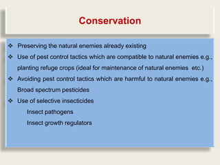 Conservation

 Preserving the natural enemies already existing
 Use of pest control tactics which are compatible to natural enemies e.g.,
   planting refuge crops (ideal for maintenance of natural enemies etc.)
 Avoiding pest control tactics which are harmful to natural enemies e.g.,
   Broad spectrum pesticides
 Use of selective insecticides
      Insect pathogens
      Insect growth regulators
 