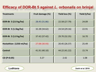 Efficacy of DOR-Bt 5 against L. orbonalis on brinjal
Treatmants                Fruit damage (%)   Yield loss (%)       Yield (t/ha)


DOR-Bt 5 (2.0 kg/ha)       28.45 (31.86)     22.58 (27.79)            24.09


DOR-Bt 5 (1.5kg/ha)        32.28 (34.62)     24.54 (29.16)            22.91


DOR-Bt 5 (1.0 kg/ha)       37.42 (37.42)     29.70 (32.35)            16.70


Hostathion (1250 ml/ha)    27.08 (30.93)     20.45 (26.37)            25.49

Control                    41.91 (40.10)     44.22 (41.22)            15.74


CD (P=0.05)                    3.27              2.42                 1.08



     Ludhiana                                                 Joshi et al. 2010
 
