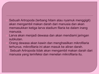  Sebuah Artropoda (terbang hitam atau nyamuk menggigit)
akan mengambil makan darah dari manusia dan akan
memasukkan ketiga larva stadium filaria ke dalam inang
manusia.
 Larva akan menjadi dewasa dan akan mendiami jaringan
subkutan.
 Orang dewasa akan kawin dan menghasilkan mikrofilaria
terhunus. mikrofilaria ini akan masuk ke aliran darah.
 Sebuah Artropoda tidak akan mengambil makan darah dari
manusia yang terinfeksi dan menelan mikrofilaria itu.
 
