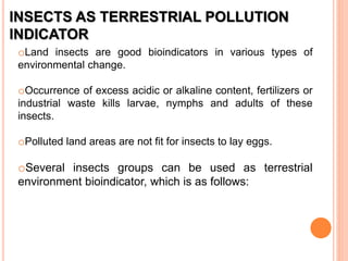 oLand insects are good bioindicators in various types of
environmental change.
oOccurrence of excess acidic or alkaline content, fertilizers or
industrial waste kills larvae, nymphs and adults of these
insects.
oPolluted land areas are not fit for insects to lay eggs.
oSeveral insects groups can be used as terrestrial
environment bioindicator, which is as follows:
INSECTS AS TERRESTRIAL POLLUTION
INDICATOR
 