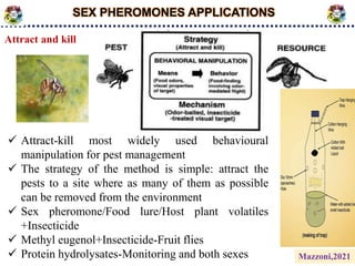 SEX PHEROMONES APPLICATIONS
Attract and kill
 Attract-kill most widely used behavioural
manipulation for pest management
 The strategy of the method is simple: attract the
pests to a site where as many of them as possible
can be removed from the environment
 Sex pheromone/Food lure/Host plant volatiles
+Insecticide
 Methyl eugenol+Insecticide-Fruit flies
 Protein hydrolysates-Monitoring and both sexes Mazzoni,2021
 