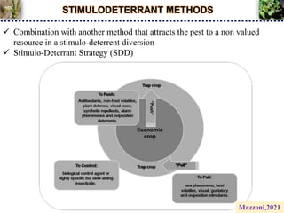 STIMULODETERRANT METHODS
 Combination with another method that attracts the pest to a non valued
resource in a stimulo-deterrent diversion
 Stimulo-Deterrant Strategy (SDD)
Mazzoni,2021
 