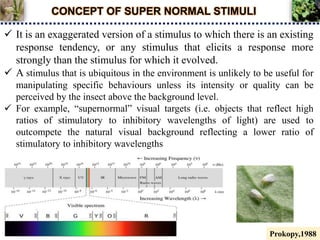 CONCEPT OF SUPER NORMAL STIMULI
 It is an exaggerated version of a stimulus to which there is an existing
response tendency, or any stimulus that elicits a response more
strongly than the stimulus for which it evolved.
 A stimulus that is ubiquitous in the environment is unlikely to be useful for
manipulating specific behaviours unless its intensity or quality can be
perceived by the insect above the background level.
 For example, “supernormal” visual targets (i.e. objects that reflect high
ratios of stimulatory to inhibitory wavelengths of light) are used to
outcompete the natural visual background reflecting a lower ratio of
stimulatory to inhibitory wavelengths
Prokopy,1988
 