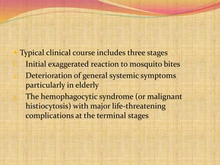  Typical clinical course includes three stages
1. Initial exaggerated reaction to mosquito bites
2. Deterioration of general systemic symptoms
particularly in elderly
3. The hemophagocytic syndrome (or malignant
histiocytosis) with major life-threatening
complications at the terminal stages
 